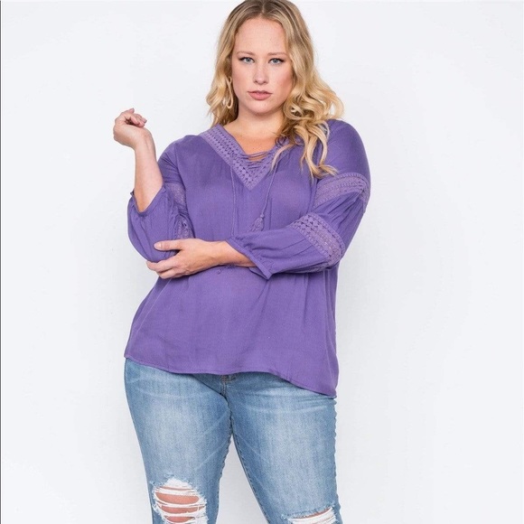 Plus Size Violet Crochet Trim Boho Top - Picture 2 of 4